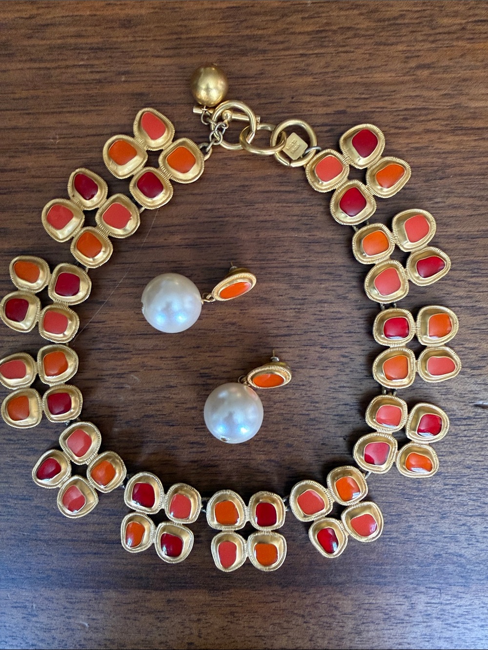 Vintage Anne Klein Gold-Tone Orange & Red Enamel Necklace & Pearl Drop Earrings